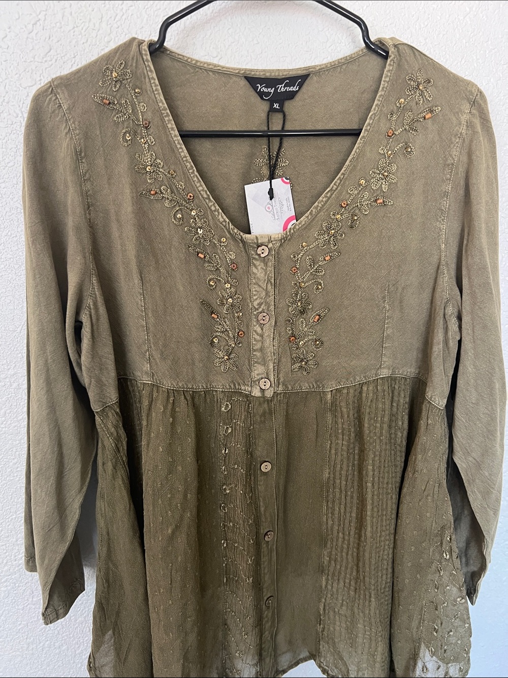 Venezia Olive Embroidered V-Neck Button Tunic - Picture 9 of 11